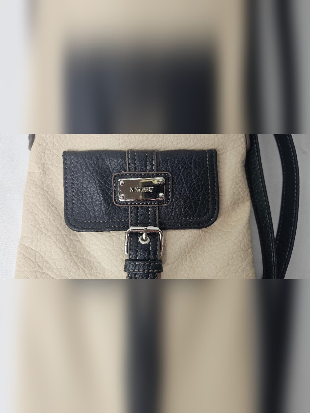 Nine West Pebbled Crossbody Bag Black Cream Two Tone Messenger Purse Buckle - Picture 6 of 16